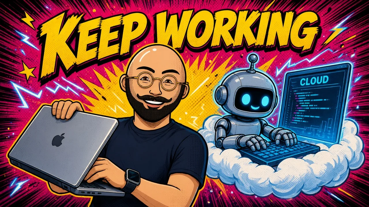 Comic pop-art scene of a founder holding a closed laptop beside a small robot typing on a laptop that sits on a cloud, under the words Keep working