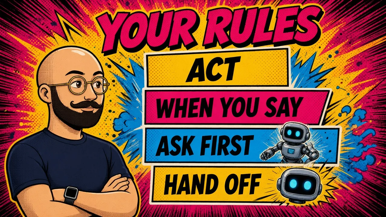 Comic pop-art panel of a founder with crossed arms beside four banners that read Act, When you say, Ask first, and Hand off, under the words Your rules