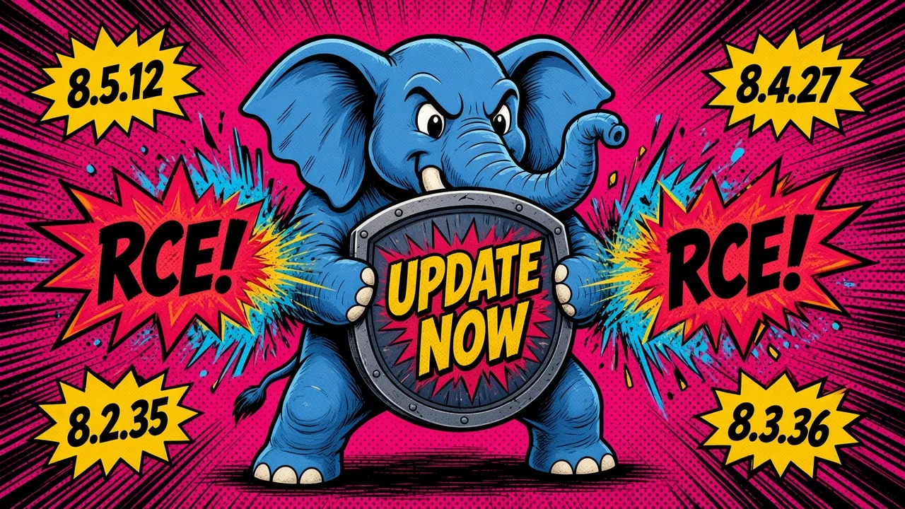 Comic pop-art PHP elephant shield stamped UPDATE NOW blocking two red burst warnings marked RCE