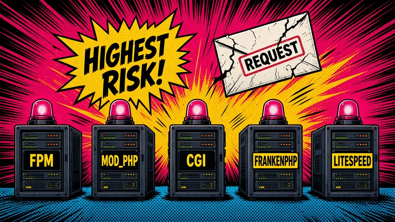 Comic pop-art row of server racks labeled FPM, mod_php, CGI, FrankenPHP and LiteSpeed with a warning burst over mod_php
