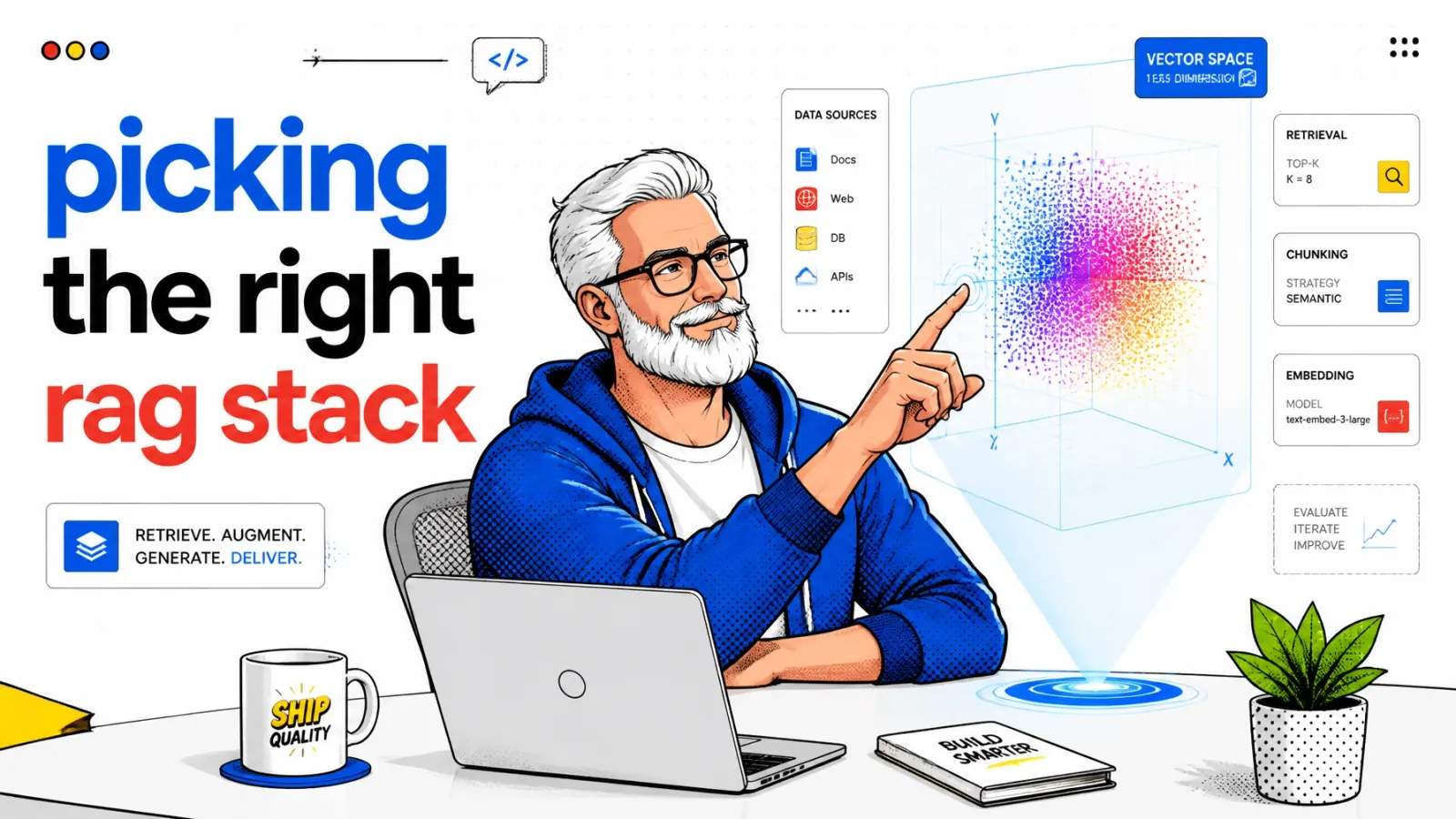 Illustration of a librarian robot picking the right book — vector database as RAG memory