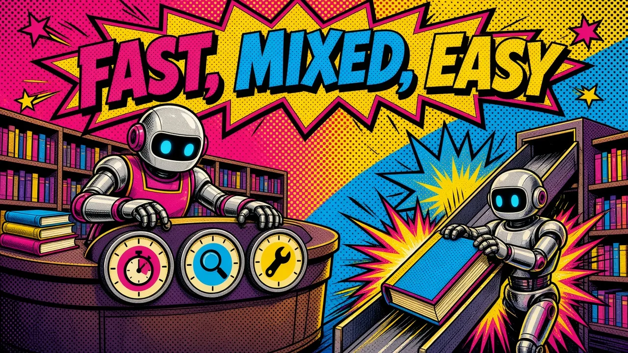 Comic panel of a librarian robot at a desk with three dials showing a stopwatch, a magnifying glass and a wrench while another robot catches a book sliding down a chute