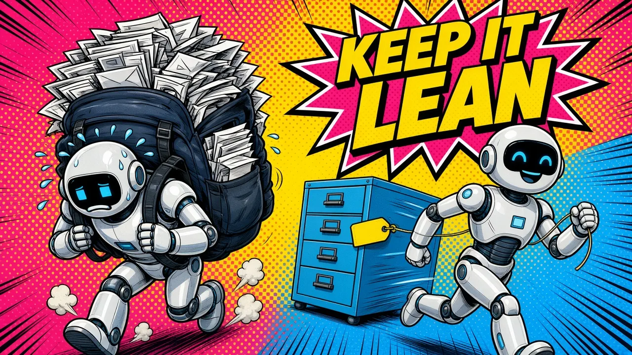 Comic panel of a sweating robot staggering under a backpack stuffed with papers next to a smiling robot jogging past a blue filing cabinet tied to a small tag