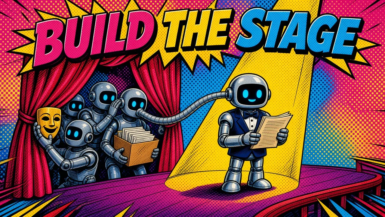 Comic panel of an actor robot reading a script in a spotlight while a crew behind the curtain holds a mask and a box of files and feeds him through an ear tube
