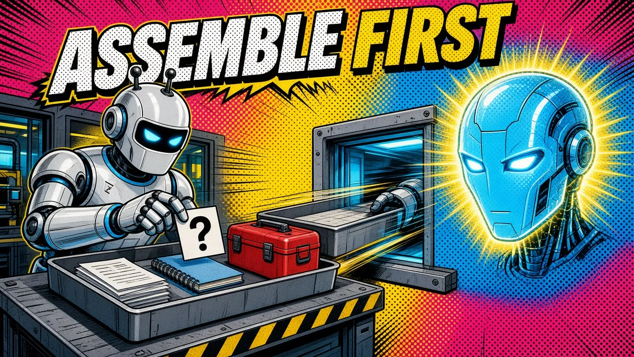 Comic panel of a robot packing a tray with papers, a notebook, a red toolbox and a question card before it slides through a hatch to a glowing AI head