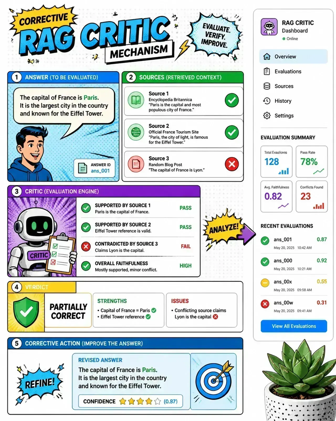 Pop-art comic diagram of a corrective RAG critic scoring retrieved chunks before generation