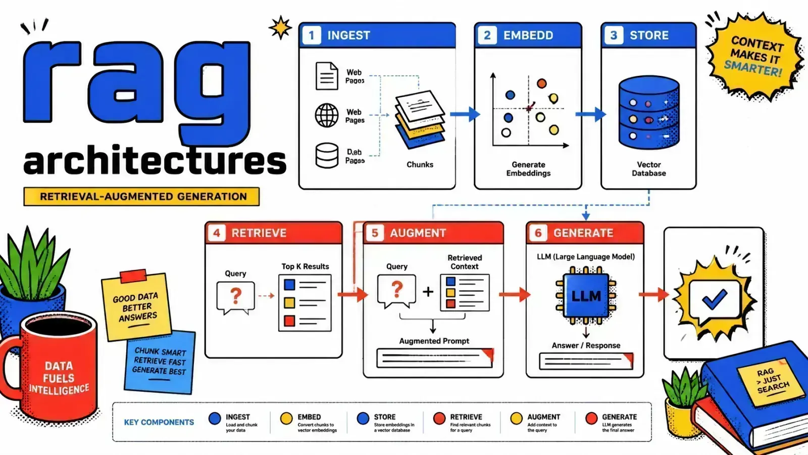 Pop-art comic illustration comparing traditional, agentic, and corrective RAG architectures
