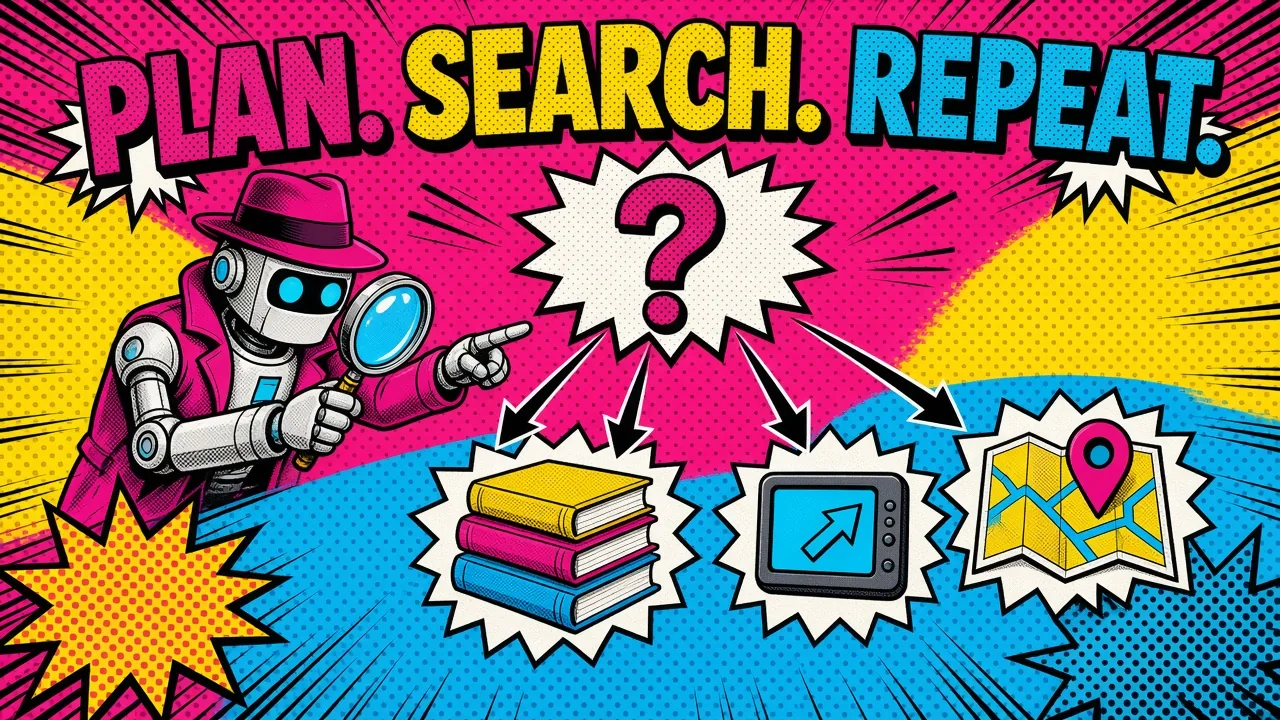 Comic panel of a detective robot splitting one big question into three smaller searches