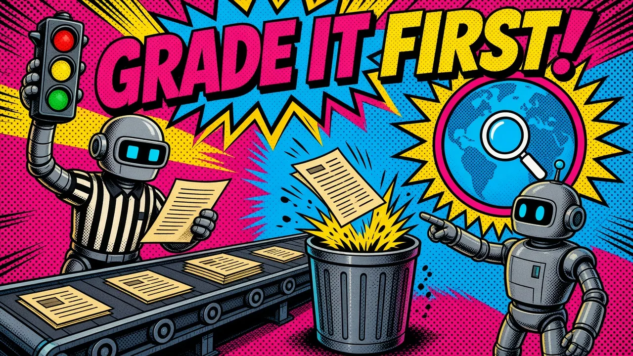 Comic panel of a referee robot with a traffic light grading documents and binning a bad one