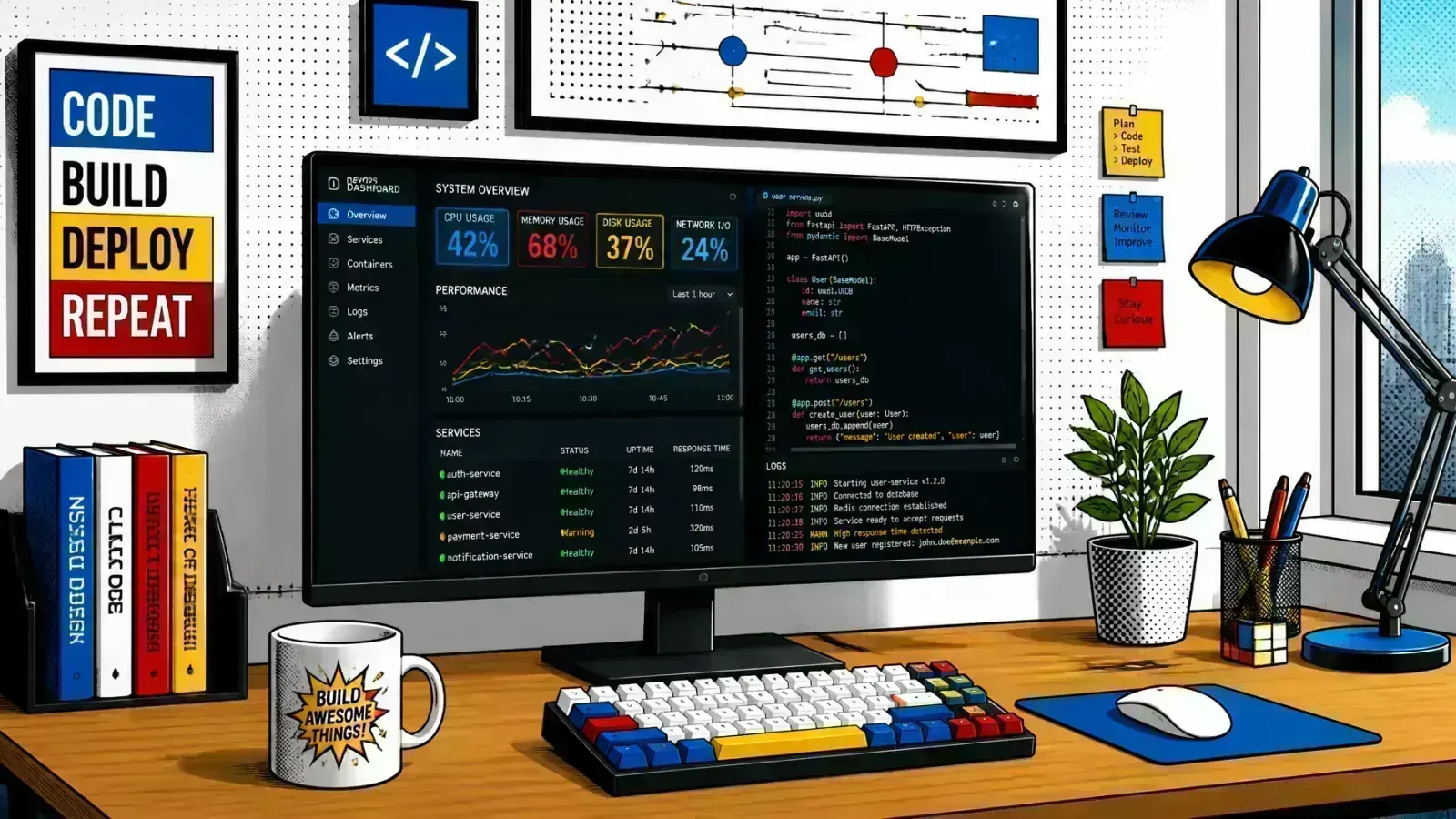 Developer workspace showing a hybrid AI setup pairing a fine-tuned model with a RAG pipeline