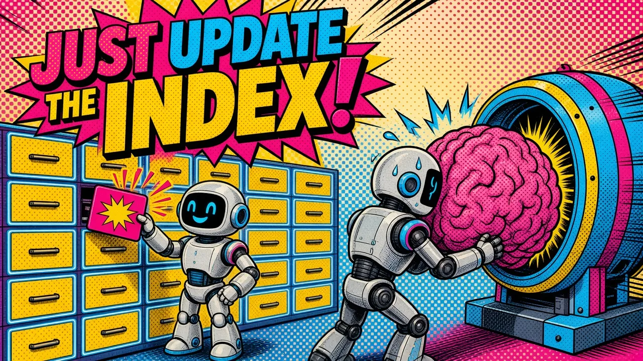 Comic panel of a robot swapping a card in an index cabinet while another hauls a giant brain into a retraining machine