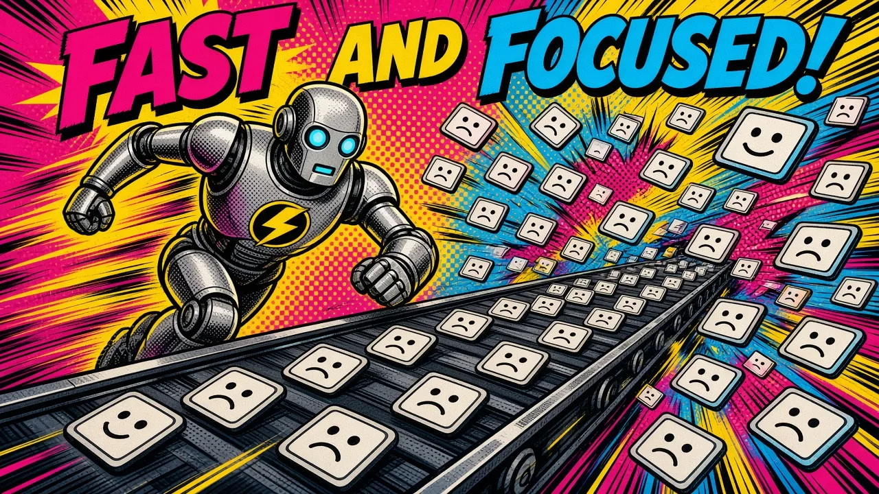 Comic panel of a speedy robot racing past a conveyor of smiley and frowny cards