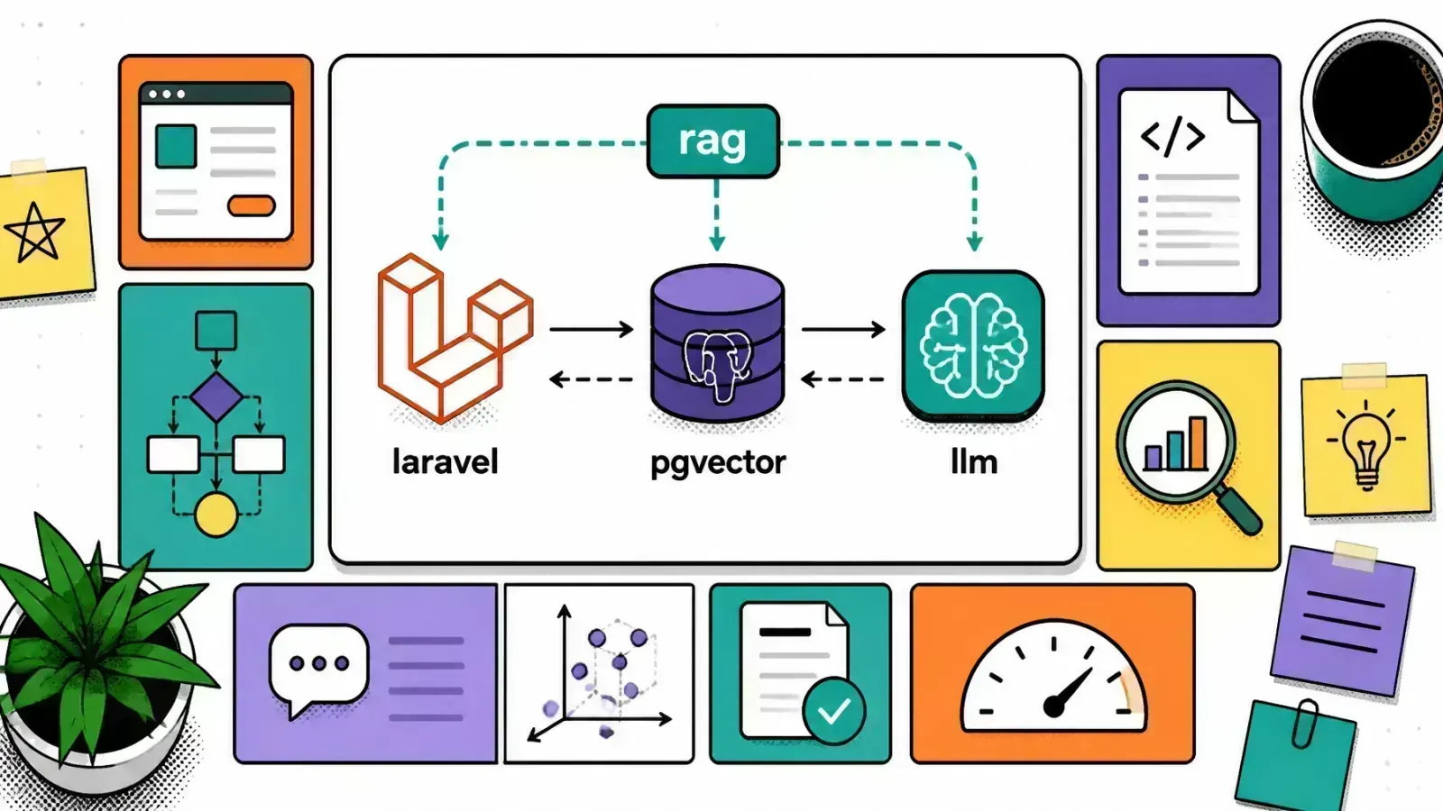 Architecture diagram showing a Laravel app connecting to pgvector and an LLM