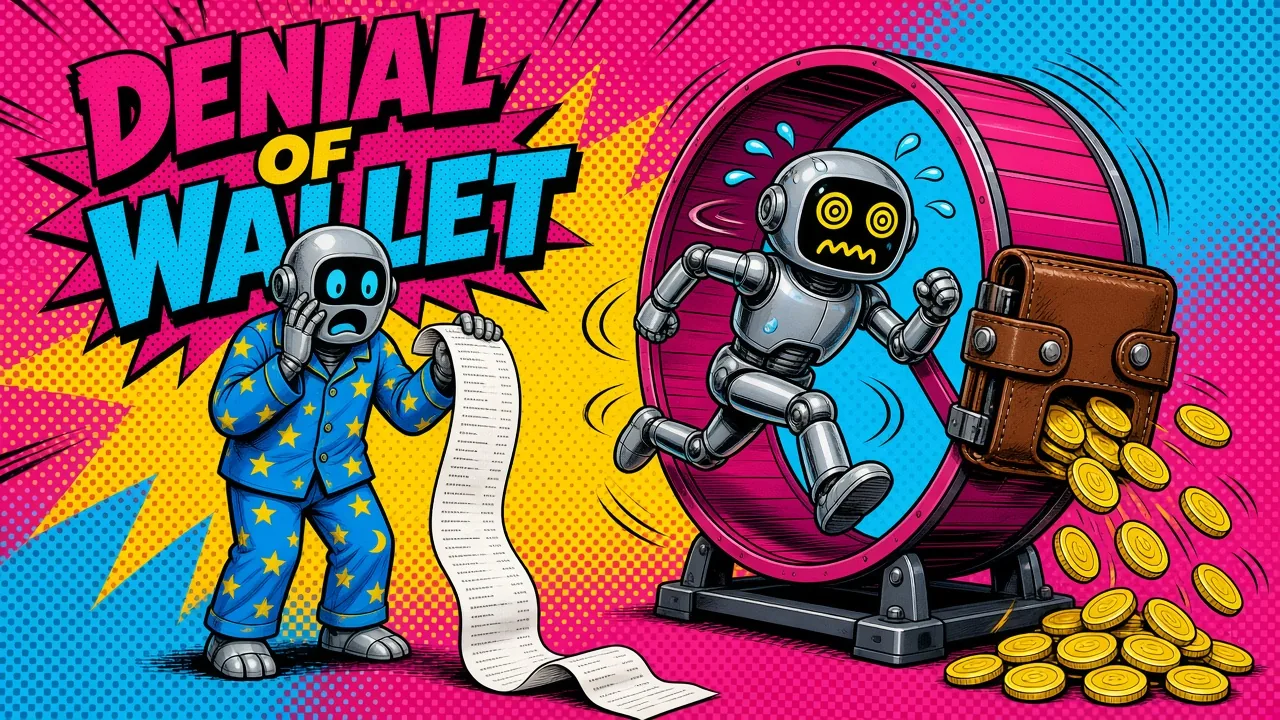 Comic panel of a dizzy robot running in a hamster wheel that shakes coins out of an attached wallet while a robot in star pajamas stares at a long bill