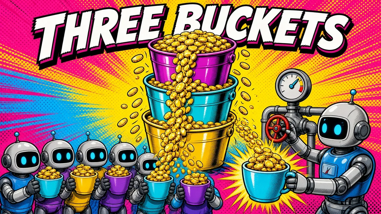 Comic panel of three stacked buckets pouring coins into the cups of a row of small robots while a robot at a valve and pressure gauge holds an overflowing cup