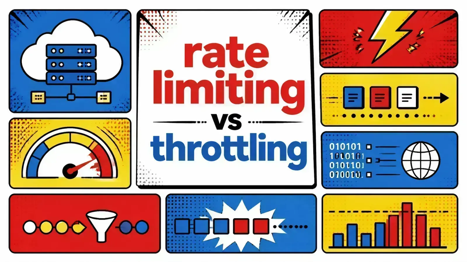 Bento grid illustration comparing rate limiting and throttling mechanisms