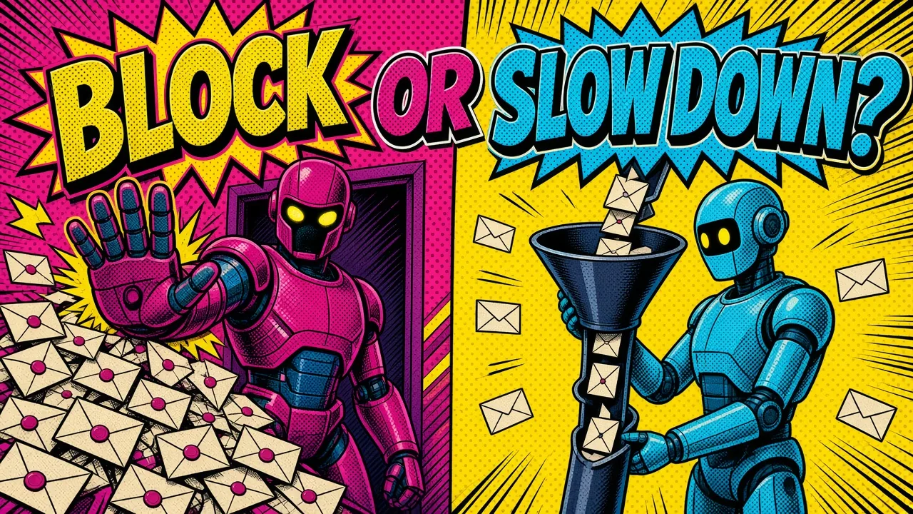 Comic panel of a bouncer robot blocking a pile of envelopes next to a robot feeding envelopes through a funnel