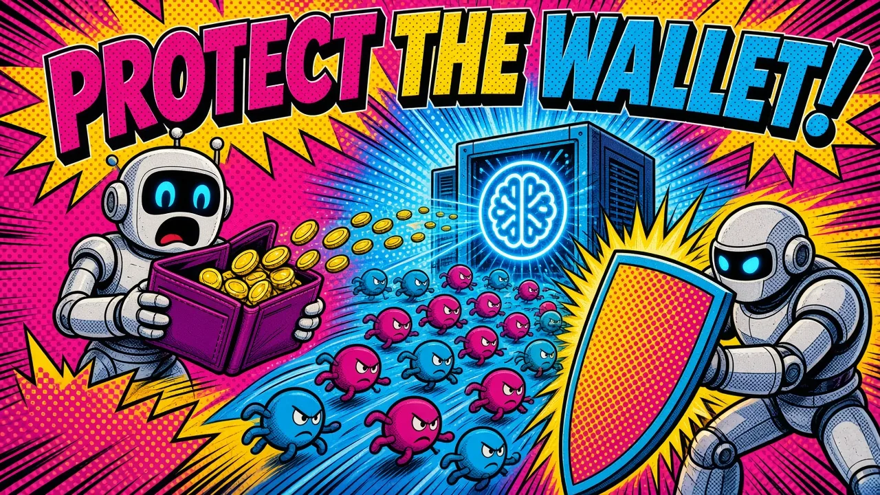 Comic panel of a robot losing coins from a wallet to a swarm of bots while a guard robot raises a shield
