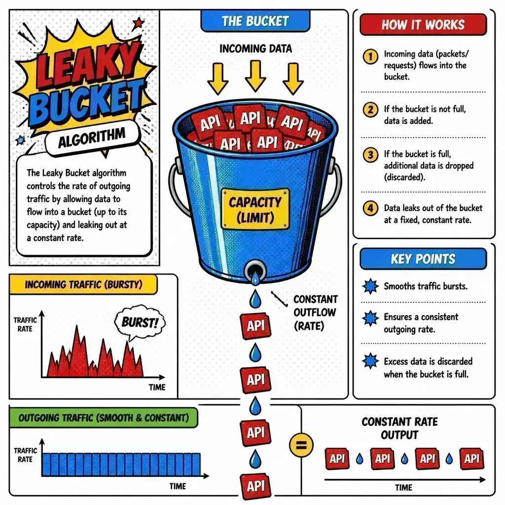 Leaky bucket algorithm diagram showing steady API output