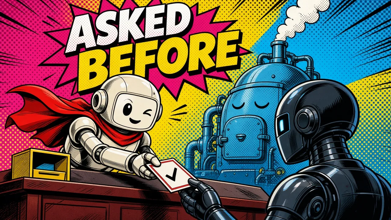 Comic panel of a winking robot in a red cape at a counter handing a card with a checkmark to a dark robot while a big steaming machine sleeps behind them