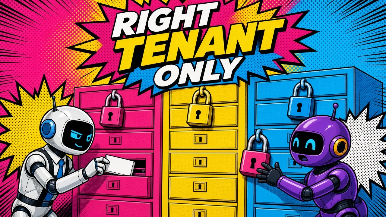 Comic panel of three colored drawer cabinets with padlocks where one robot files a card in its own section while a nosy purple robot is stopped by a lock