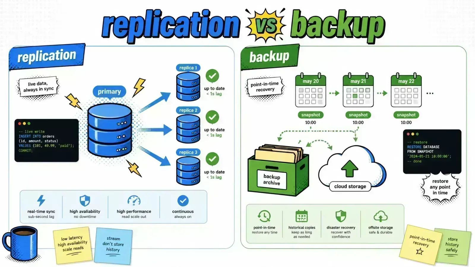 Two-panel pop-art comic — left, replication mirrors data in real time between servers; right, backup creates dated point-in-time snapshots