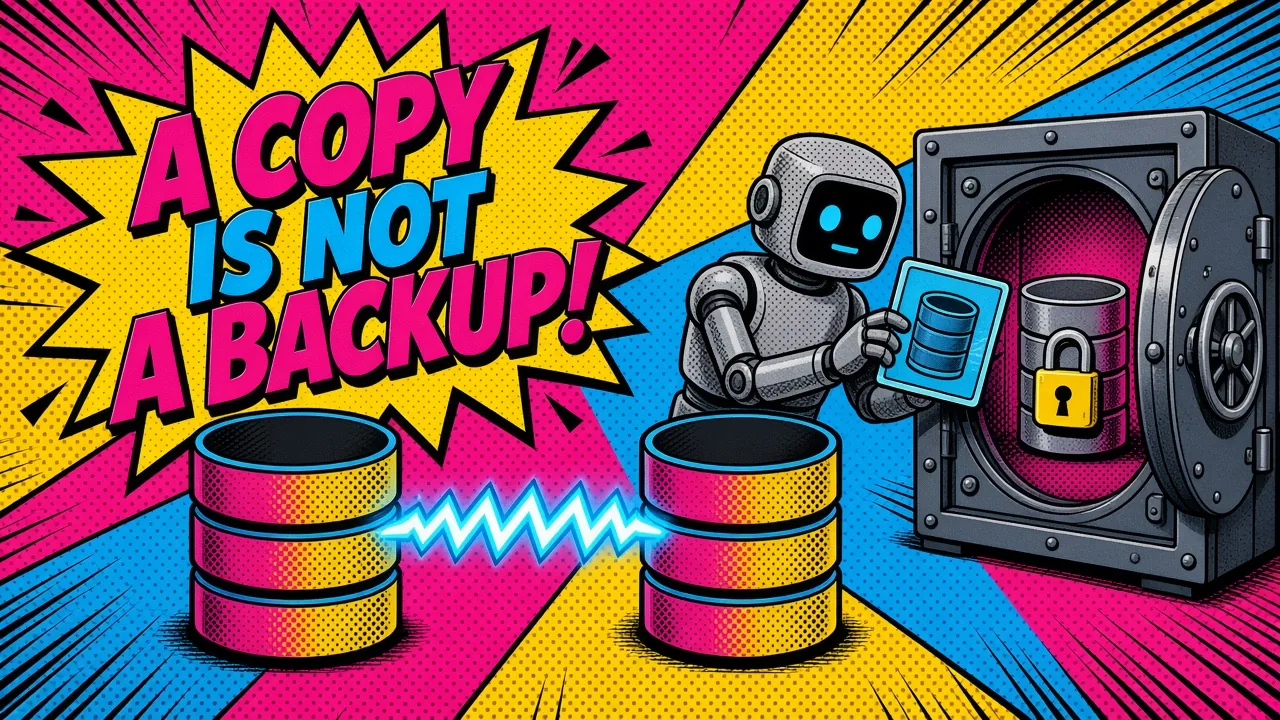 Comic panel of two mirrored databases next to a robot locking a database snapshot in a vault