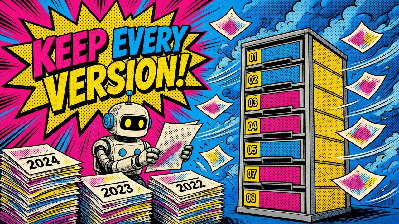 Comic panel of a robot archivist filing dated paper stacks into numbered version drawers during a storm
