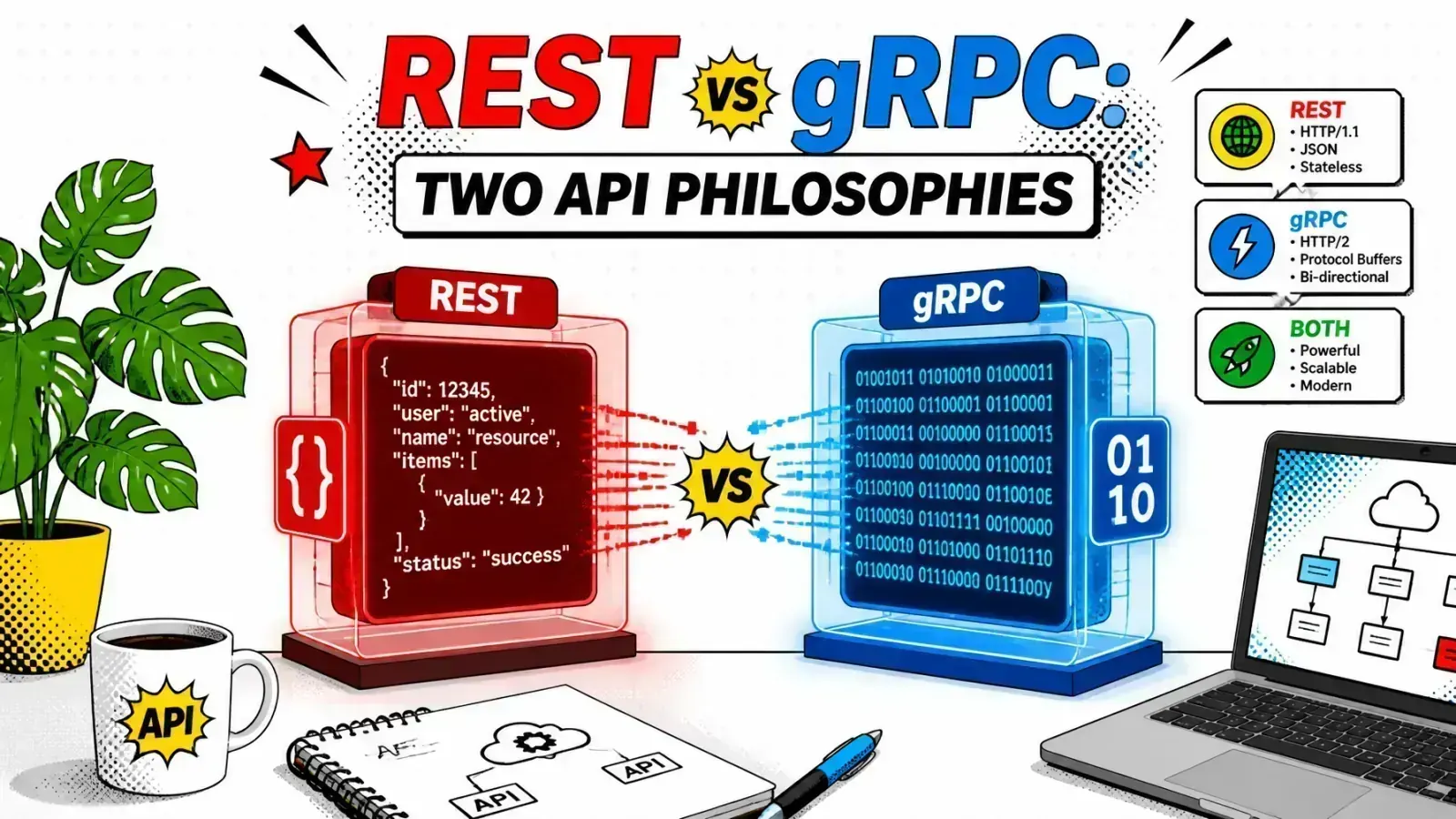 Pop-art hero illustration showing two data engines representing REST and gRPC