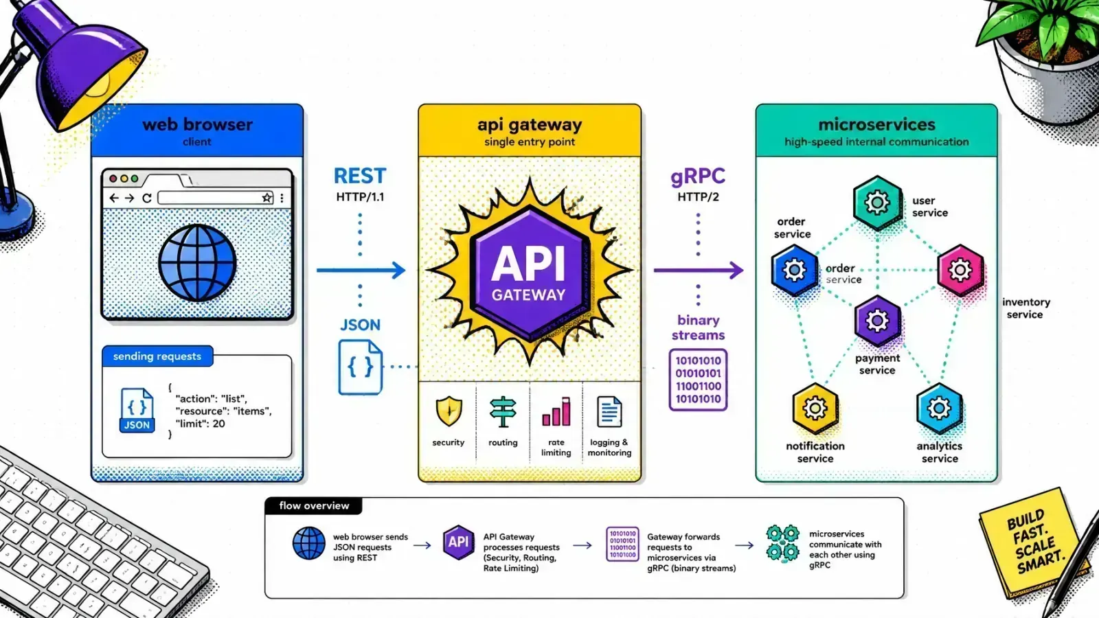 Architecture diagram showing an API gateway routing REST traffic from a browser to gRPC microservices