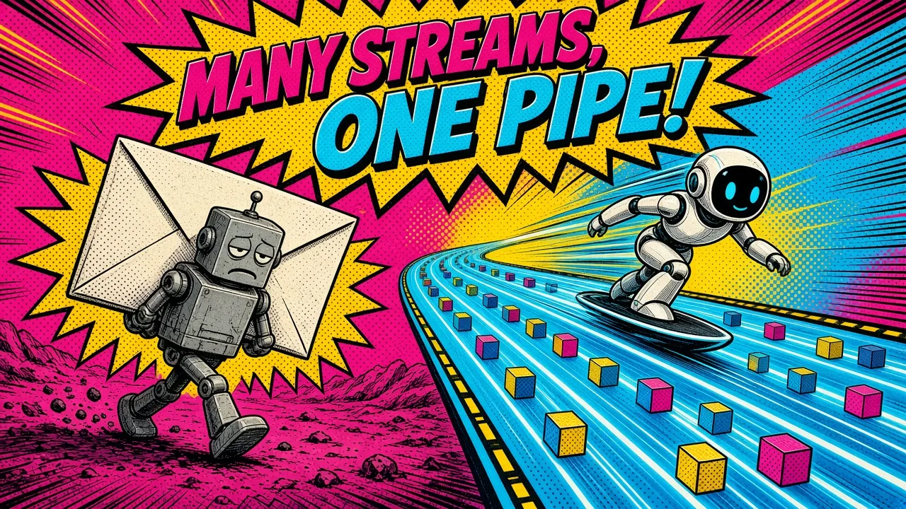 Comic panel of a tired robot carrying one giant letter beside a robot surfing a highway full of small cubes