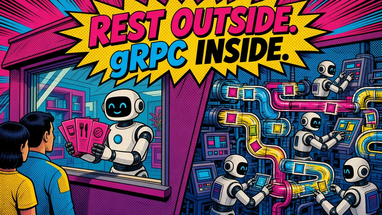 Comic panel of a robot handing menus to customers at a window while robots behind the wall pass packets through tubes