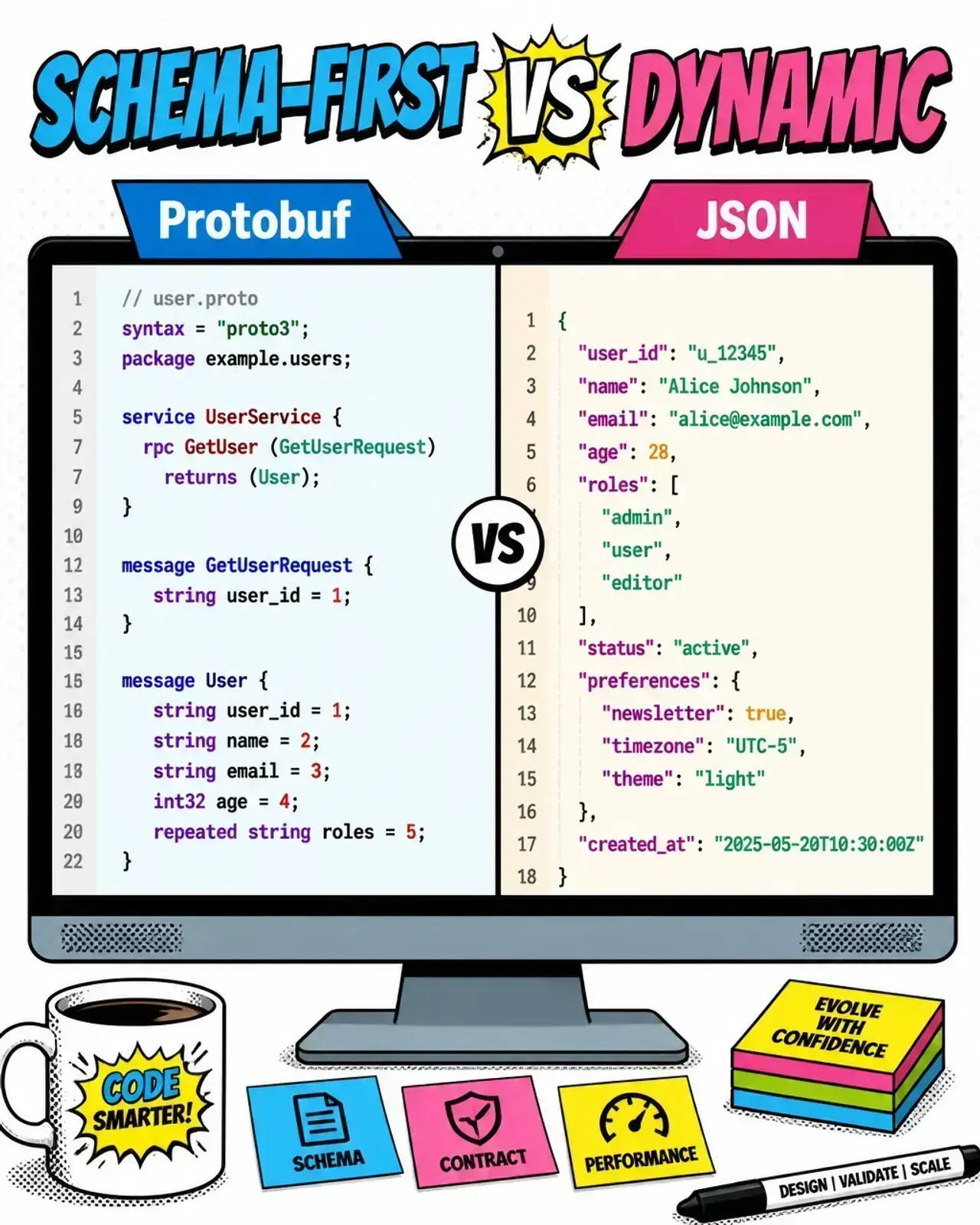 Technical illustration comparing a .proto schema file with a JSON object on a monitor