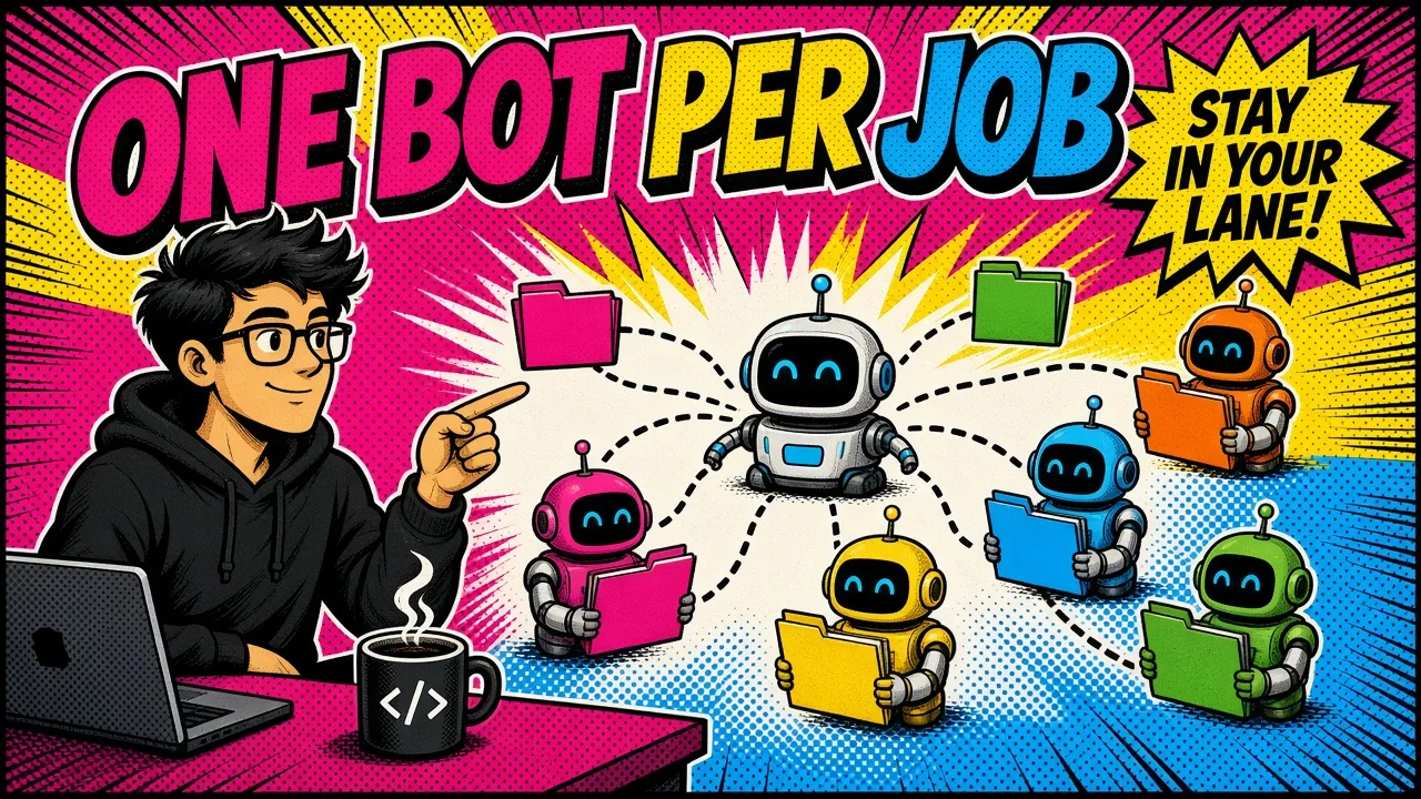 Comic pop-art developer pointing at a hub robot that hands colored folders to five small robots, headline One bot per job