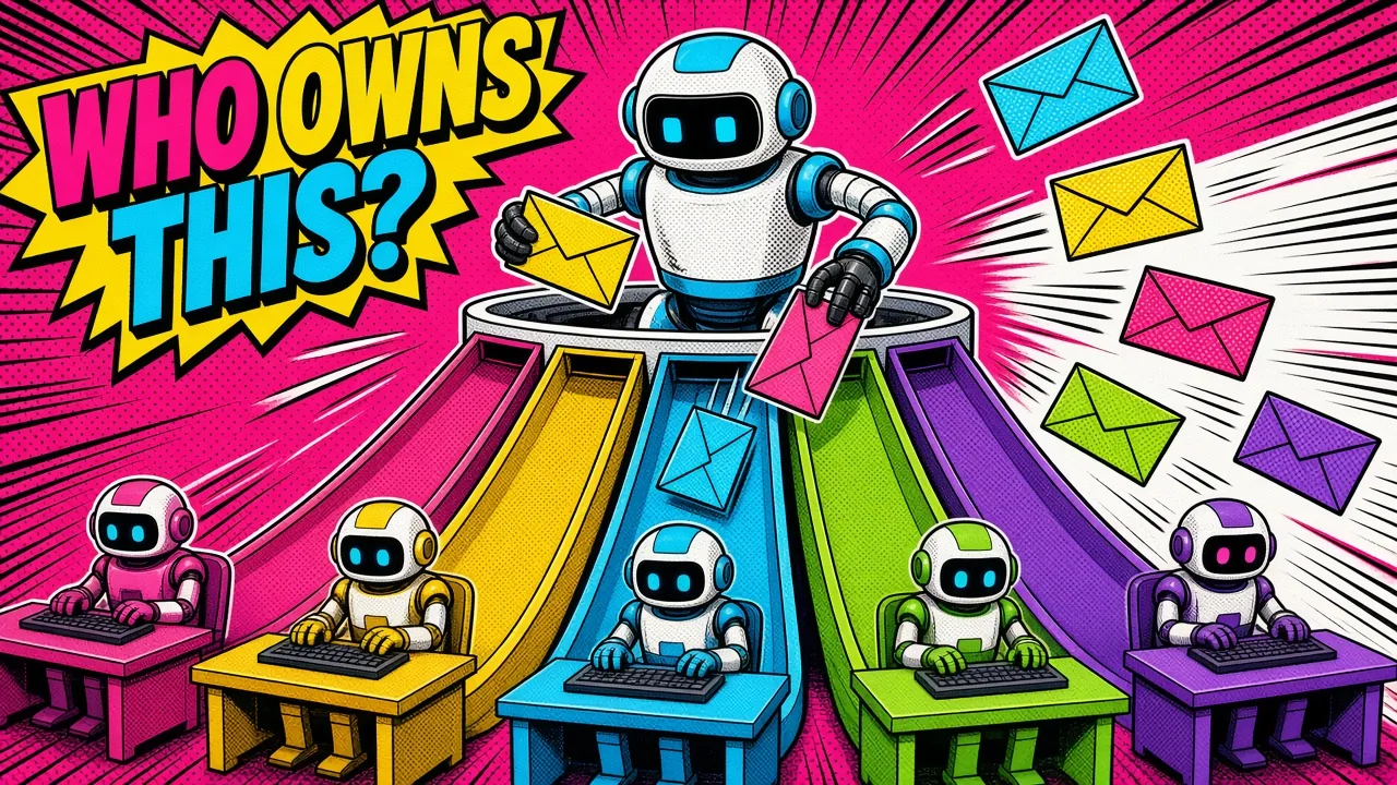 Comic pop-art panel: a hub robot in the center sorting incoming envelopes and sending each one down a separate chute to five small robots, each standing at its own colored desk
