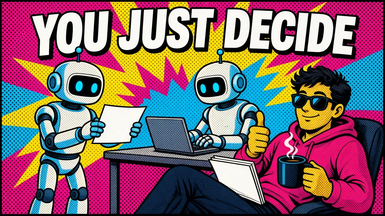 Comic pop-art panel: one robot hands a fresh blog page to a second robot who is drafting social posts, while a person in the corner reviews a short stack of drafts with a coffee
