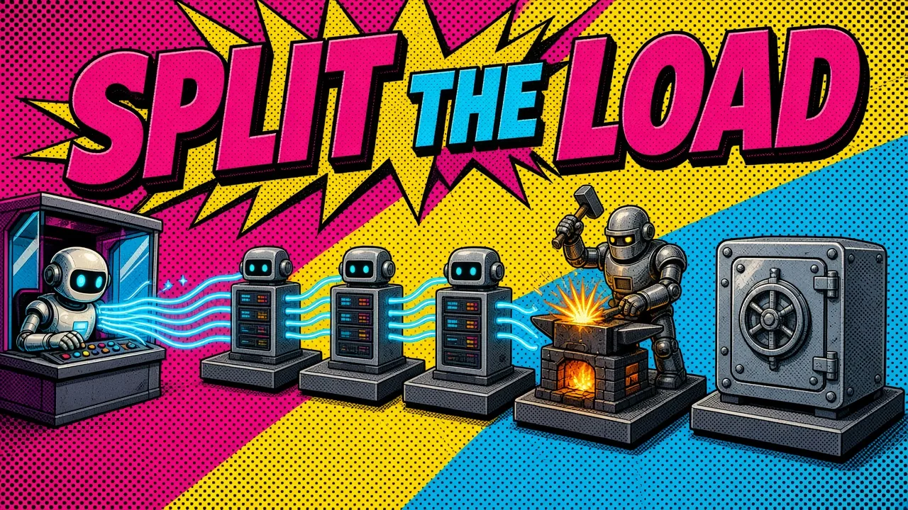 Comic panel of a robot in a control booth sending blue signals to three server robots in a row, next to a blacksmith robot at a forge and a steel vault