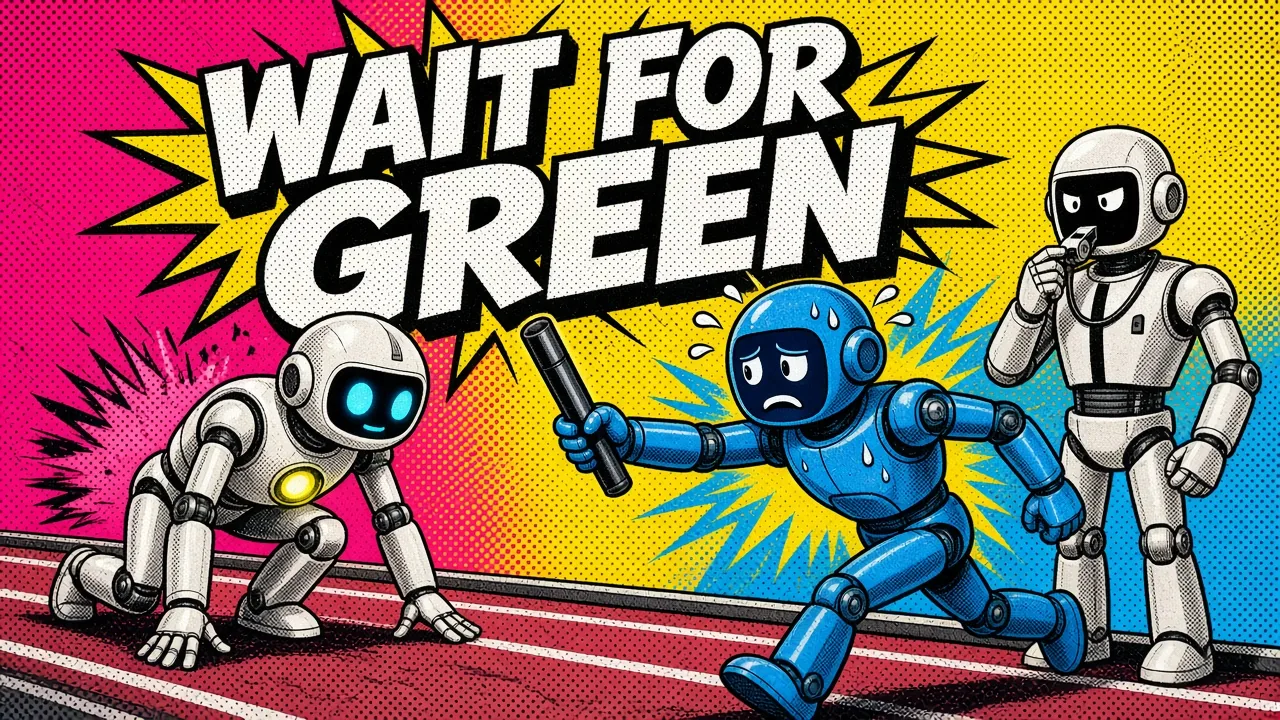 Comic panel of a nervous blue robot holding a relay baton while a fresh runner robot crouches at the start with a yellow light on its chest and a referee robot blows a whistle