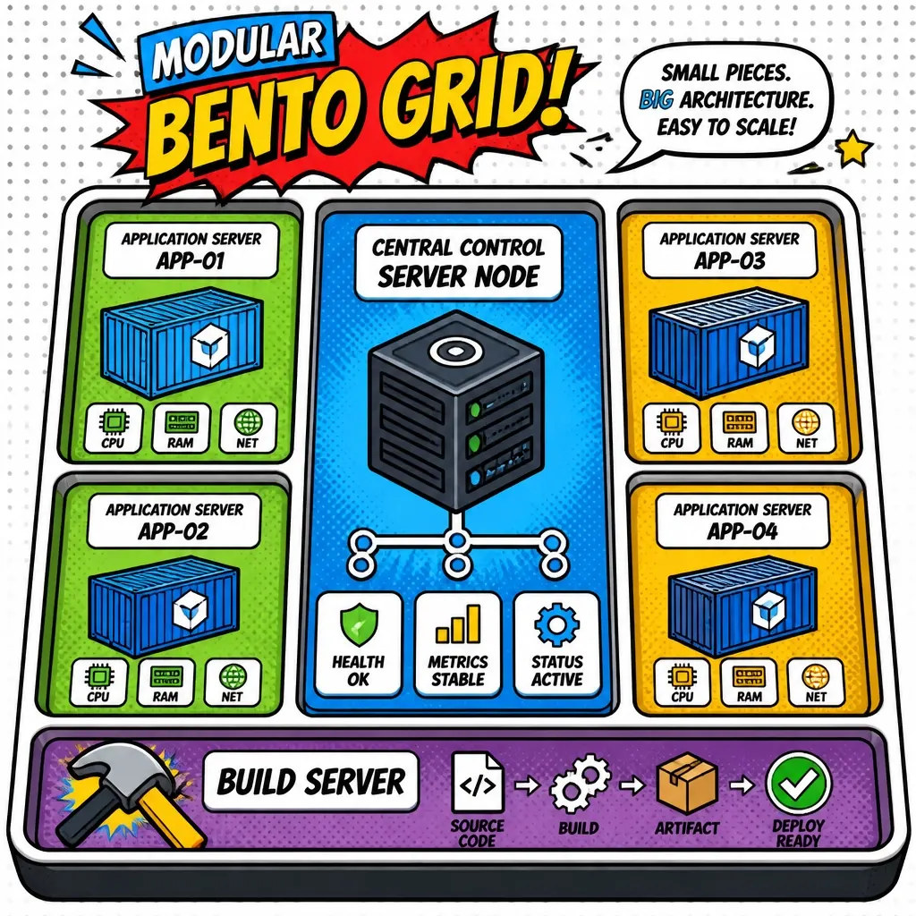 Multi-server architecture bento grid showing control plane and app nodes