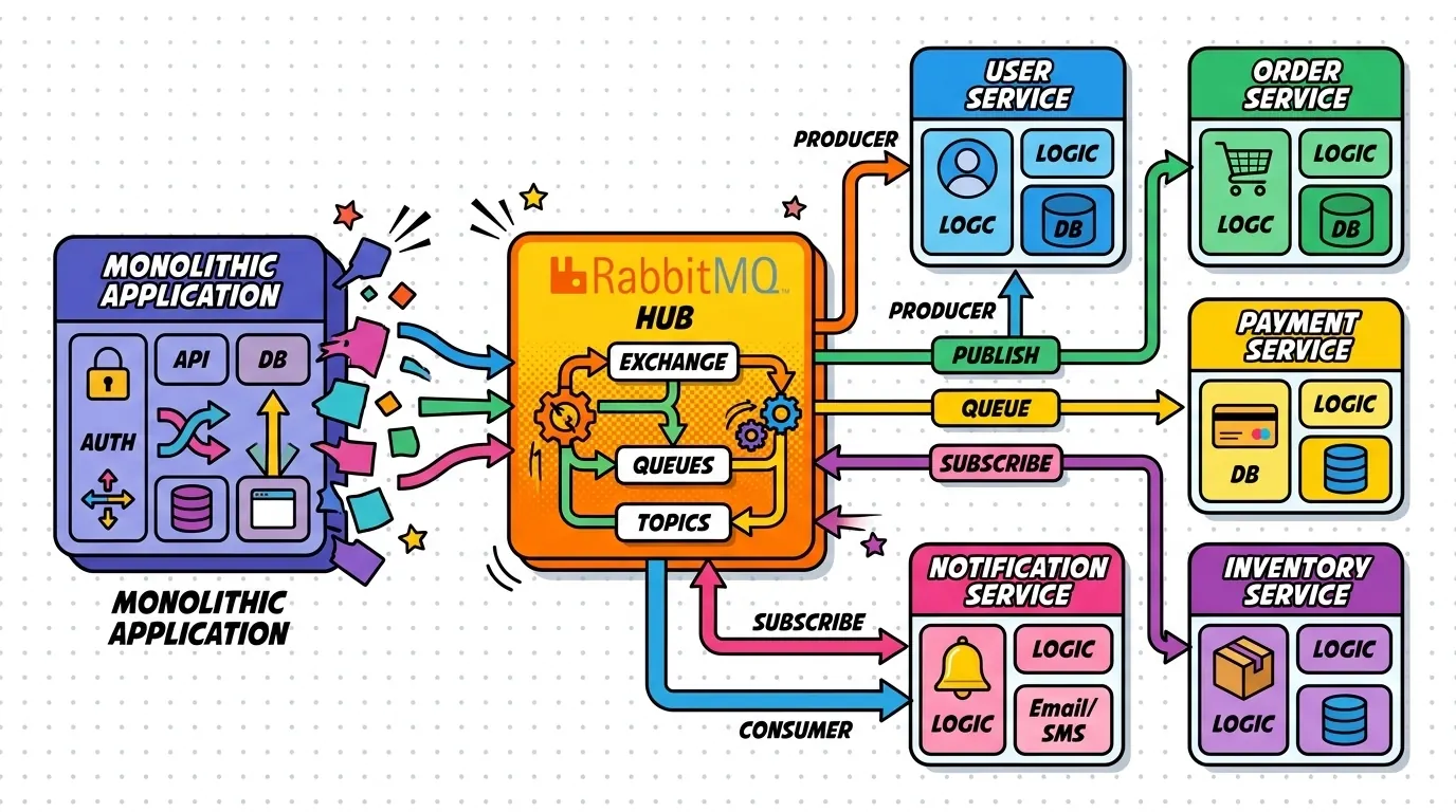 Architecture diagram of producers, exchanges, queues, and consumers