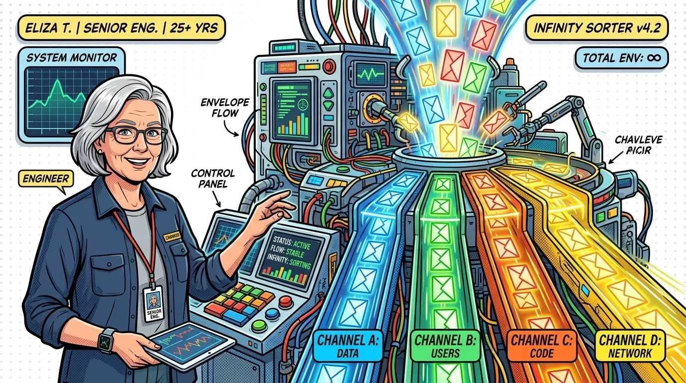 Pop-art illustration of RabbitMQ routing messages between web servers and workers
