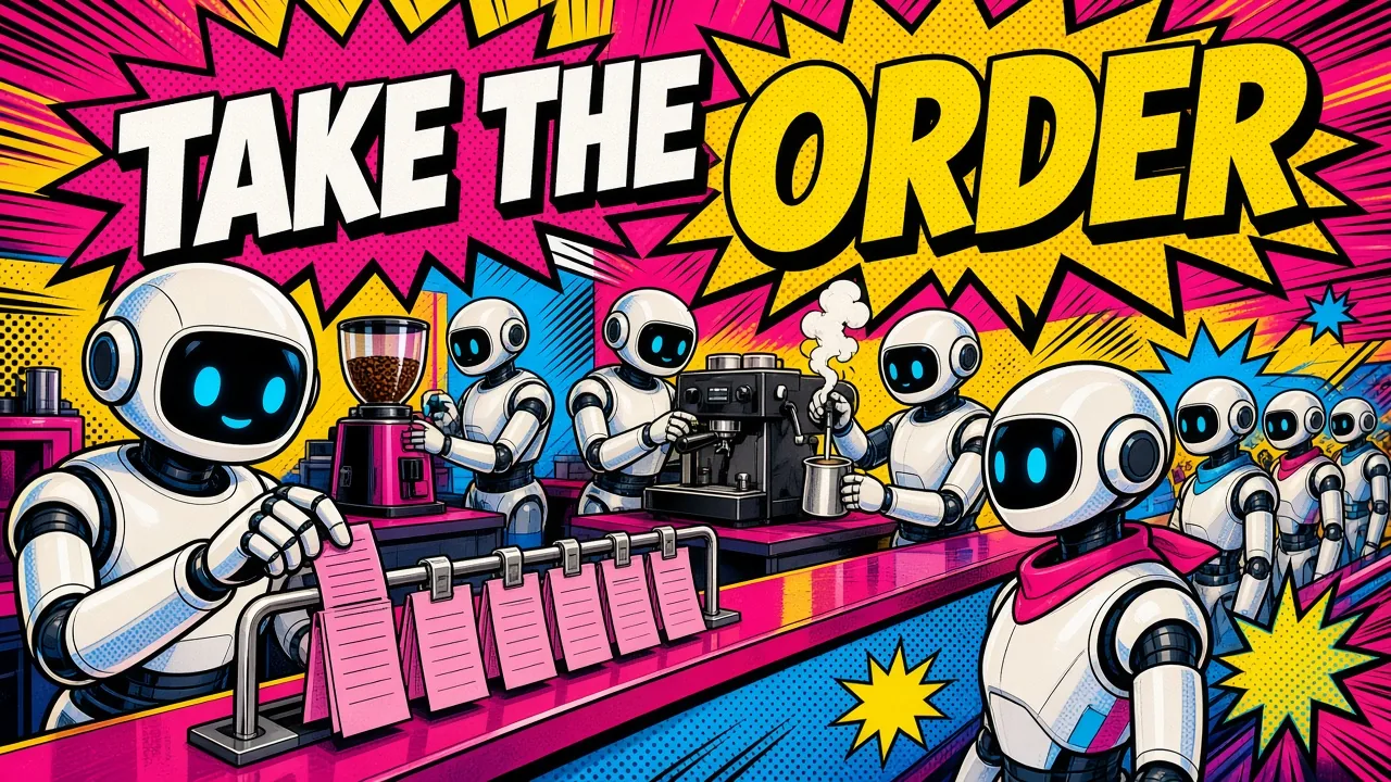 Comic panel of a cashier robot clipping pink order slips to a rail while barista robots grind beans and pull espresso behind it and a line of customer robots waits