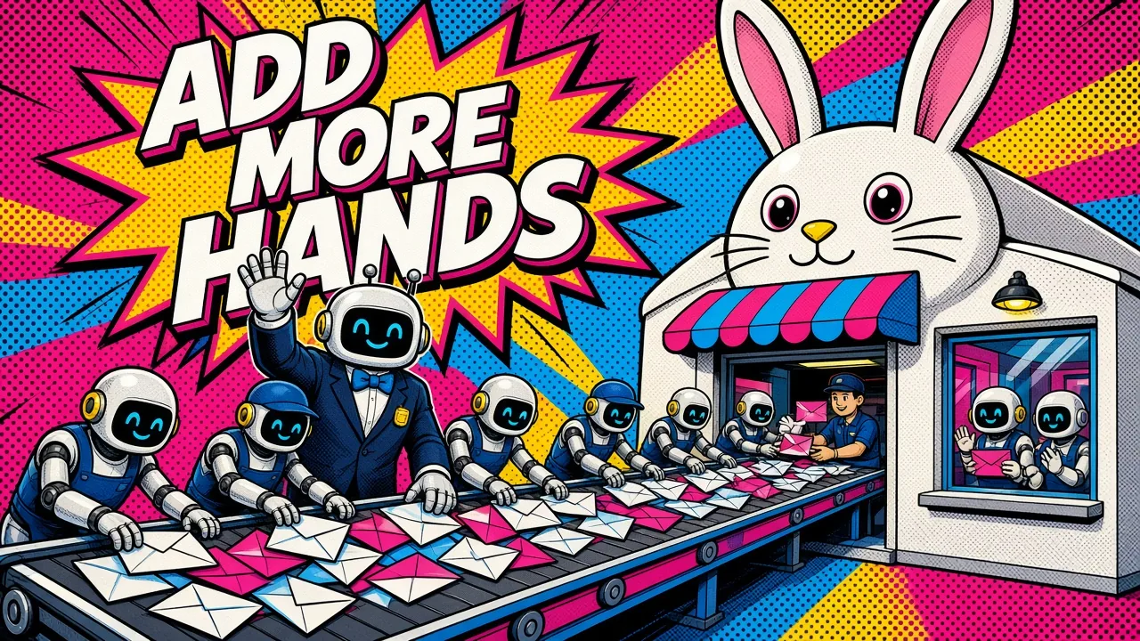 Comic panel of a post office with a giant rabbit head where a human clerk hands envelopes onto a conveyor and a robot in a suit waves more worker robots to the belt