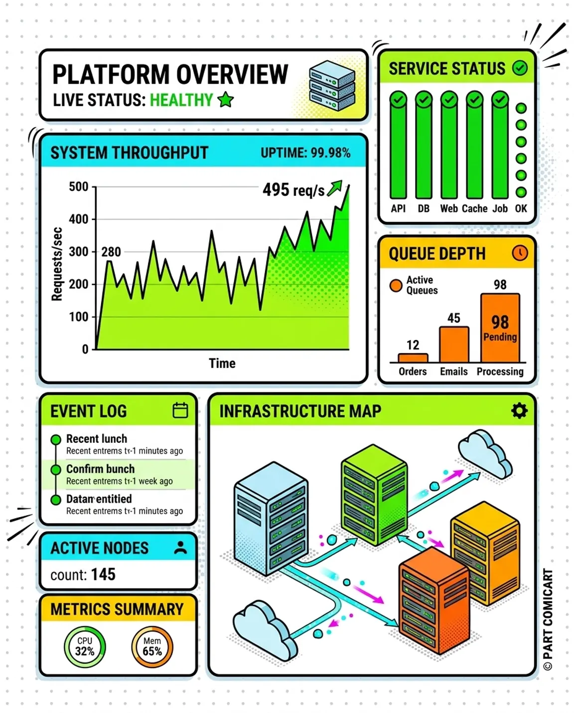 Monitoring dashboard mockup of RabbitMQ queue depth and throughput