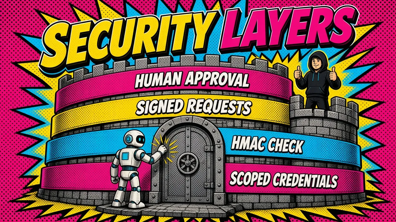 Comic pop-art panel: stacked security layers of scoped credentials, HMAC check, signed requests and human approval around a protected checkout