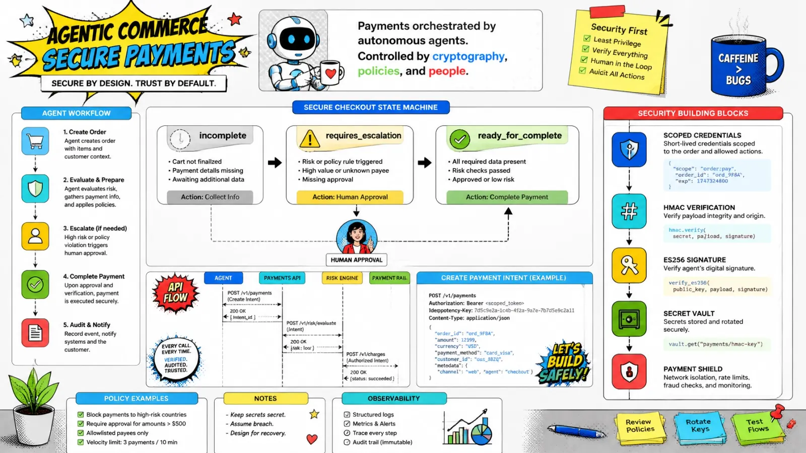 Security layers: scoped credentials, HMAC verification, signed requests, and a protected checkout
