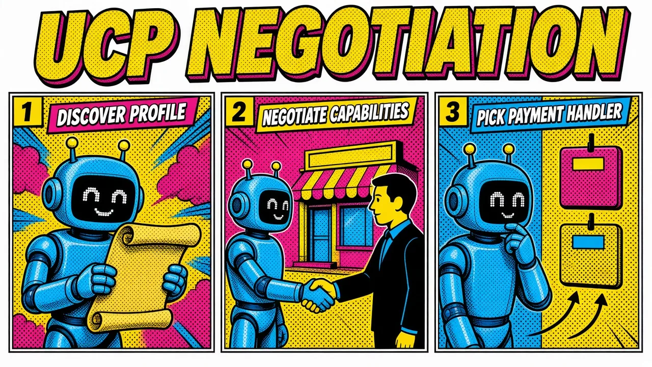 Comic pop-art panels: a robot discovers the merchant profile, negotiates capabilities and picks a payment handler