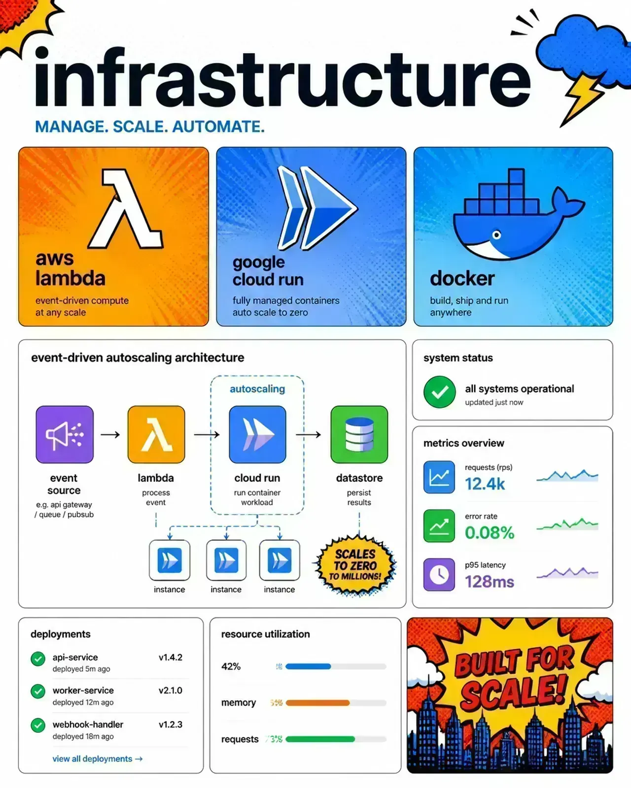 Pop-art comic-style scene depicting a cloud infrastructure management dashboard with AWS, Google Cloud, and Docker logos