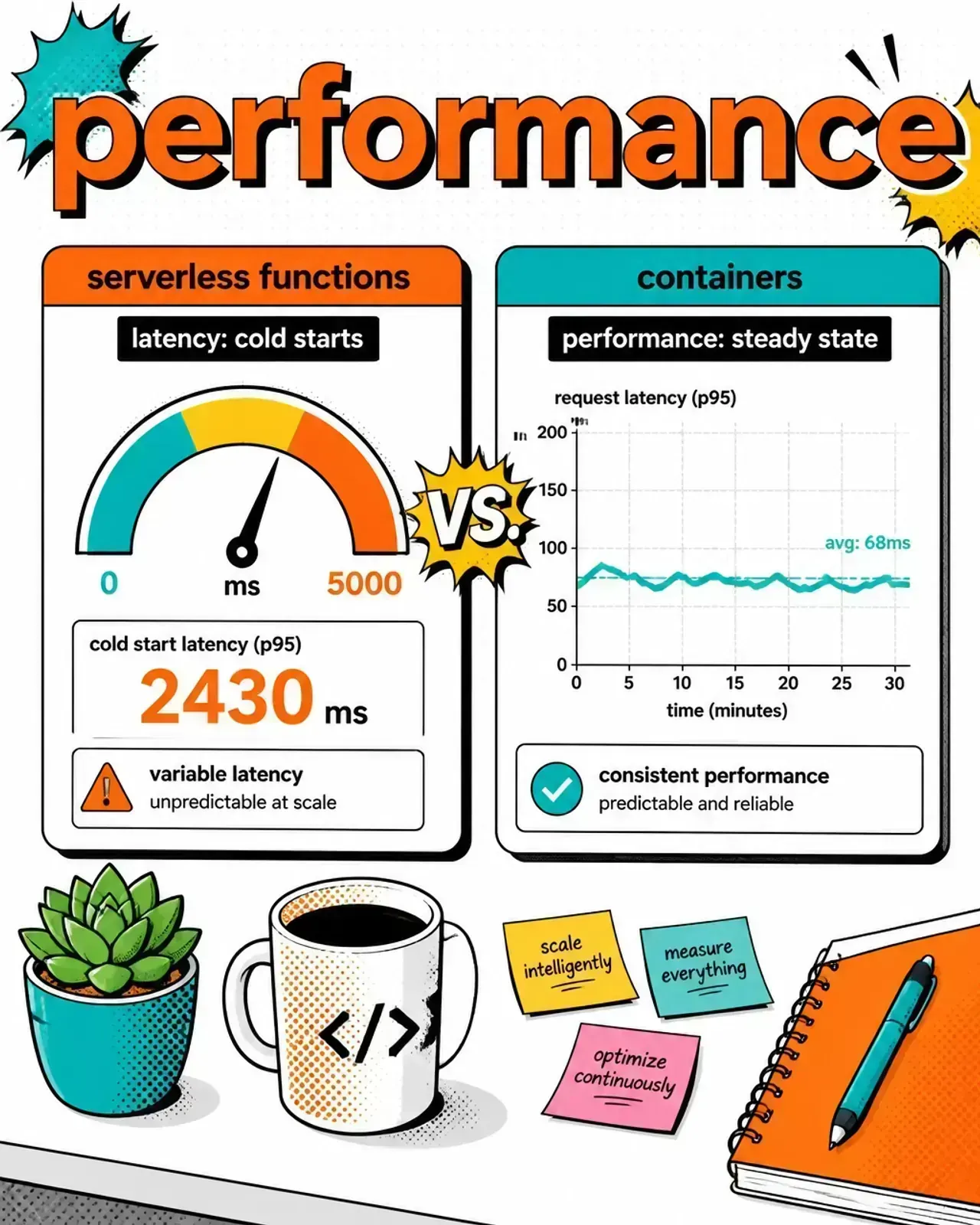 A pop-art comic-style technical dashboard comparing cold start latency for serverless and steady state performance for containers