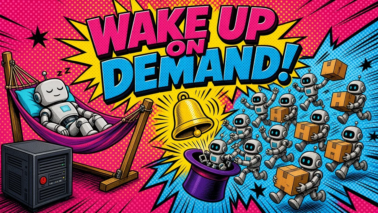 Comic panel of a robot napping beside a switched-off server while small robots pop out of a hat to carry parcels
